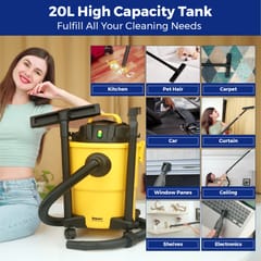 Balzano Wet and Dry Professional Vacuum Cleaner, Vacuum Cleaner for Car, Blower Function, 1200W Powerful Suction, 20 L Capacity, Vacuum Cleaner for Home, Pet Vacuum Cleaner (Yellow)